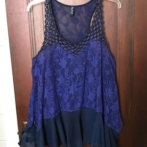 Free People L Blue Lace Flowy Tank with Embroidery